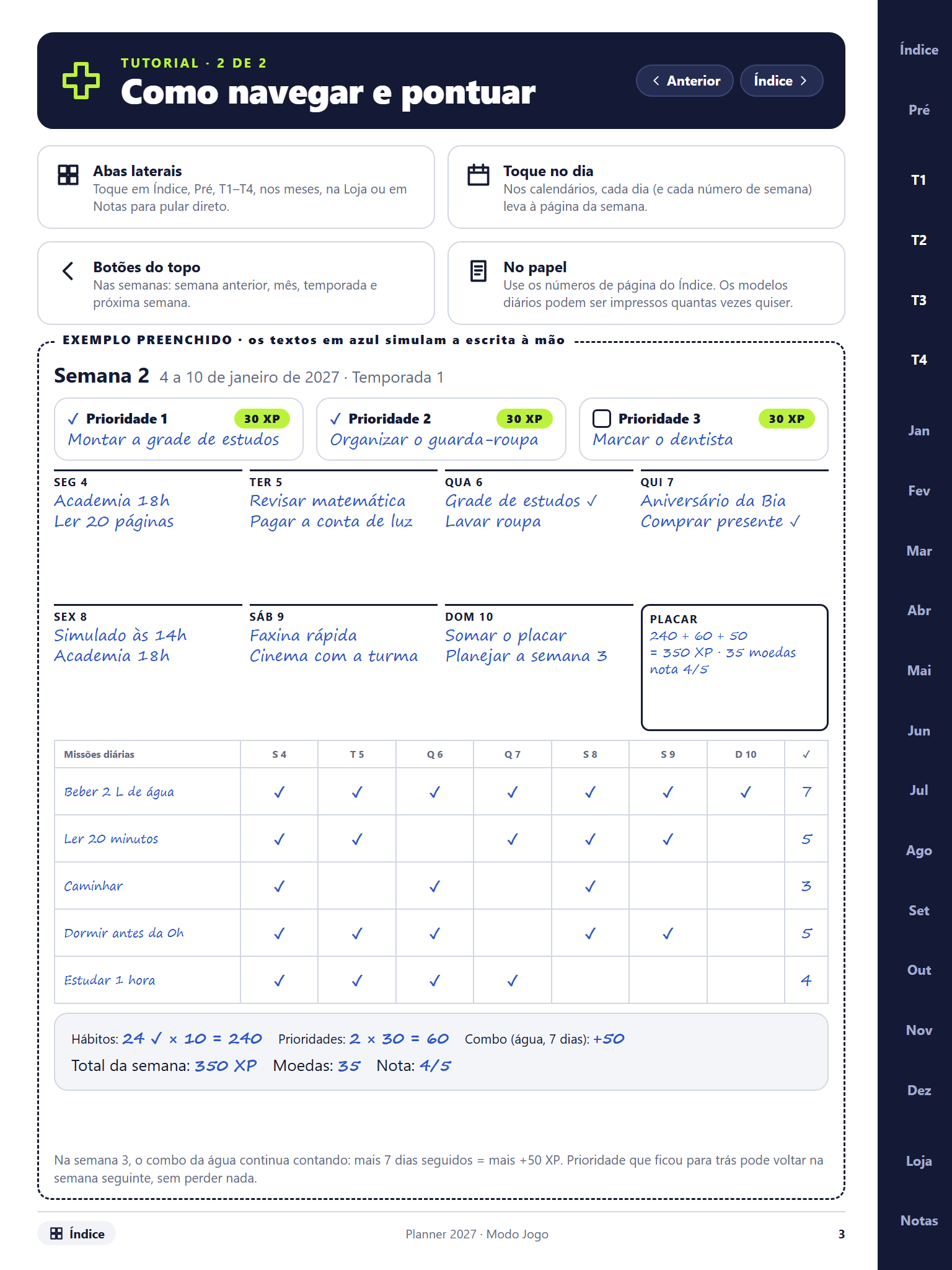 Página semanal preenchida como exemplo